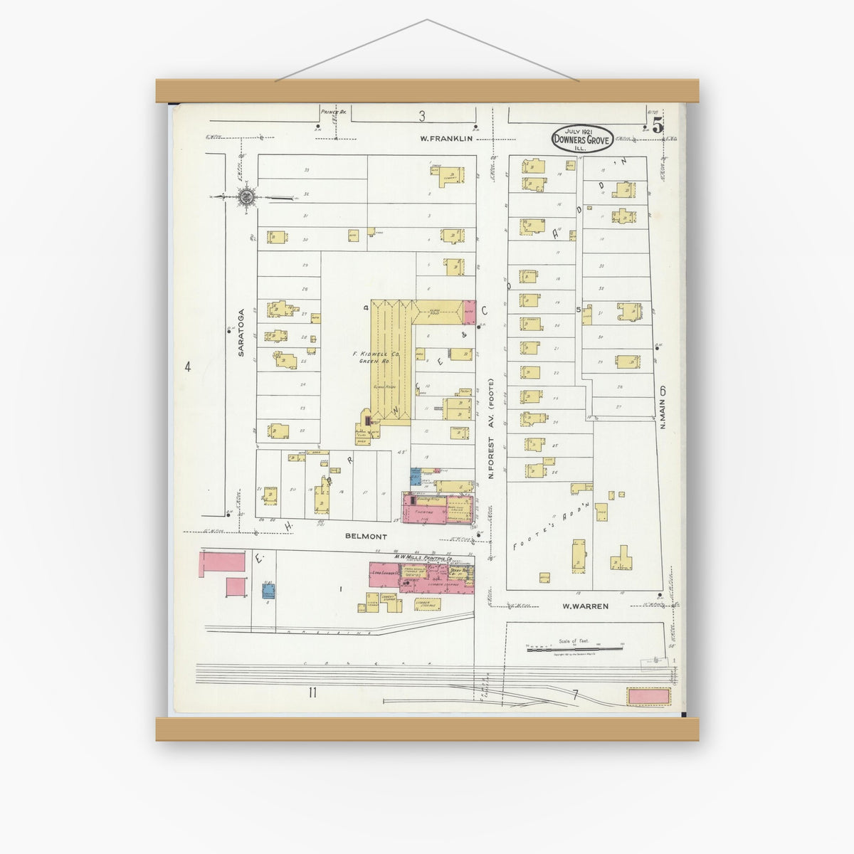 Old map wall art mockup — magnetic wood frame on white wall — Sanborn Fire Insurance Map from Downers Grove, Dupage County, Illinois (1921), Sheet #0005