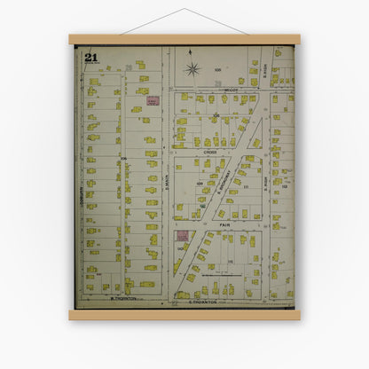 Old map wall art mockup — magnetic wood frame on white wall — Sanborn Fire Insurance Map from Akron, Summit County, Ohio (1892), Sheet #0021