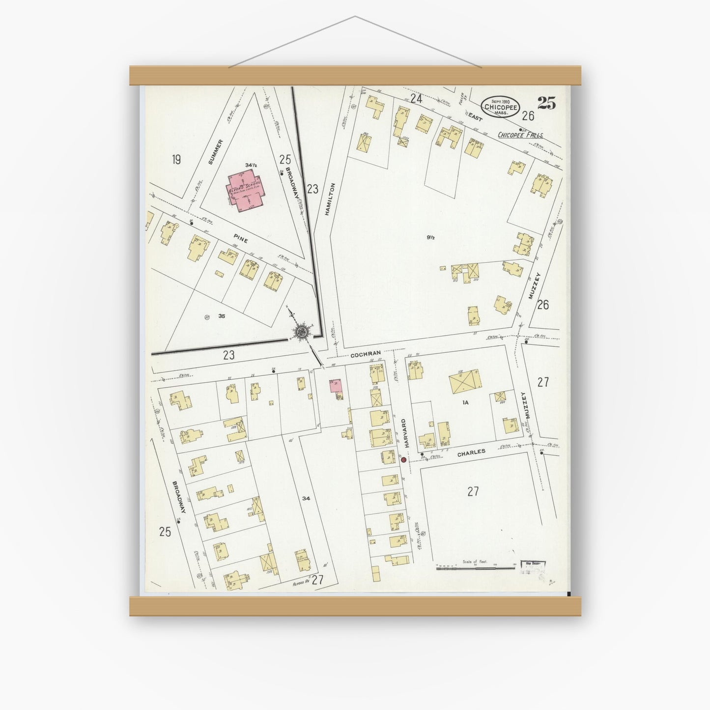Old map wall art mockup — magnetic wood frame on white wall — Sanborn Fire Insurance Map from Chicopee, Hampden County, Massachusetts (1910), Sheet #0025