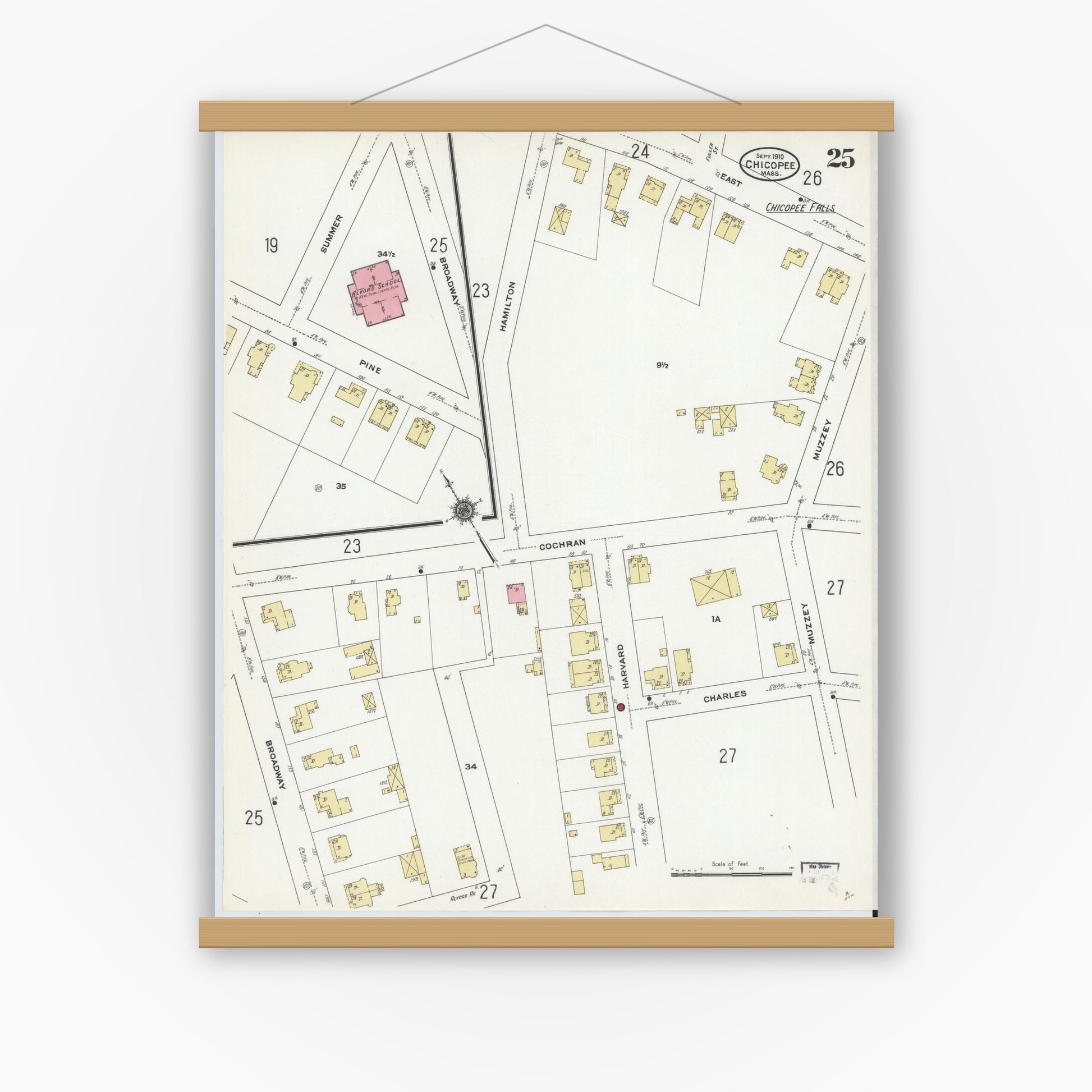 Old map wall art mockup — magnetic wood frame on white wall — Sanborn Fire Insurance Map from Chicopee, Hampden County, Massachusetts (1910), Sheet #0025