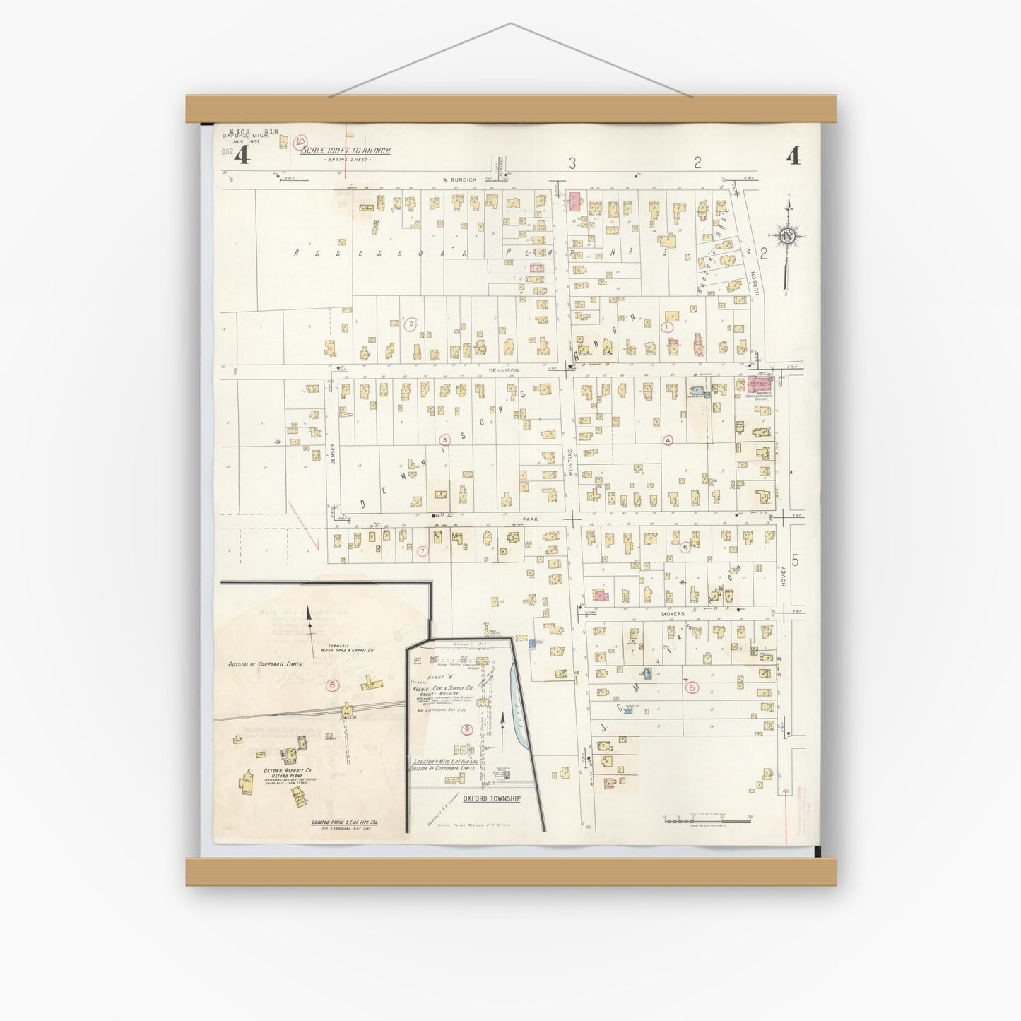 Old map wall art mockup — magnetic wood frame on white wall — Sanborn Fire Insurance Map from Oxford, Oakland County, Michigan (1945), Sheet #0004