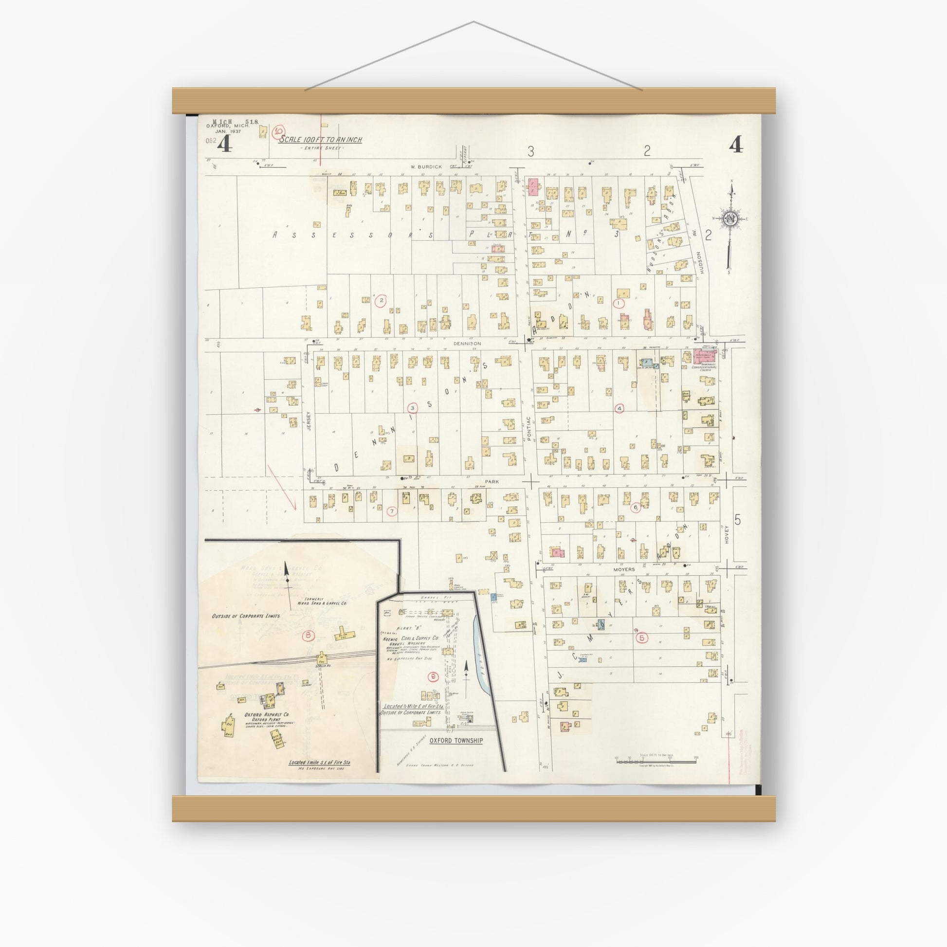 Old map wall art mockup — magnetic wood frame on white wall — Sanborn Fire Insurance Map from Oxford, Oakland County, Michigan (1945), Sheet #0004
