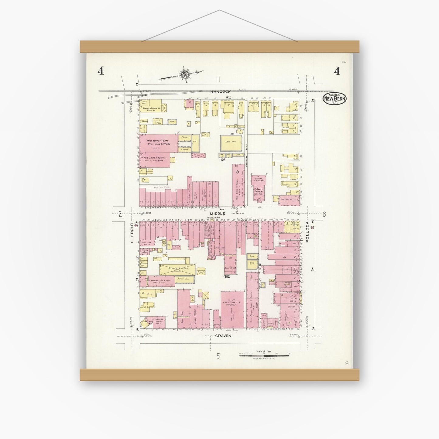 Old map wall art mockup — magnetic wood frame on white wall — Sanborn Fire Insurance Map from New Bern, Craven County, North Carolina (1924), Sheet #0004