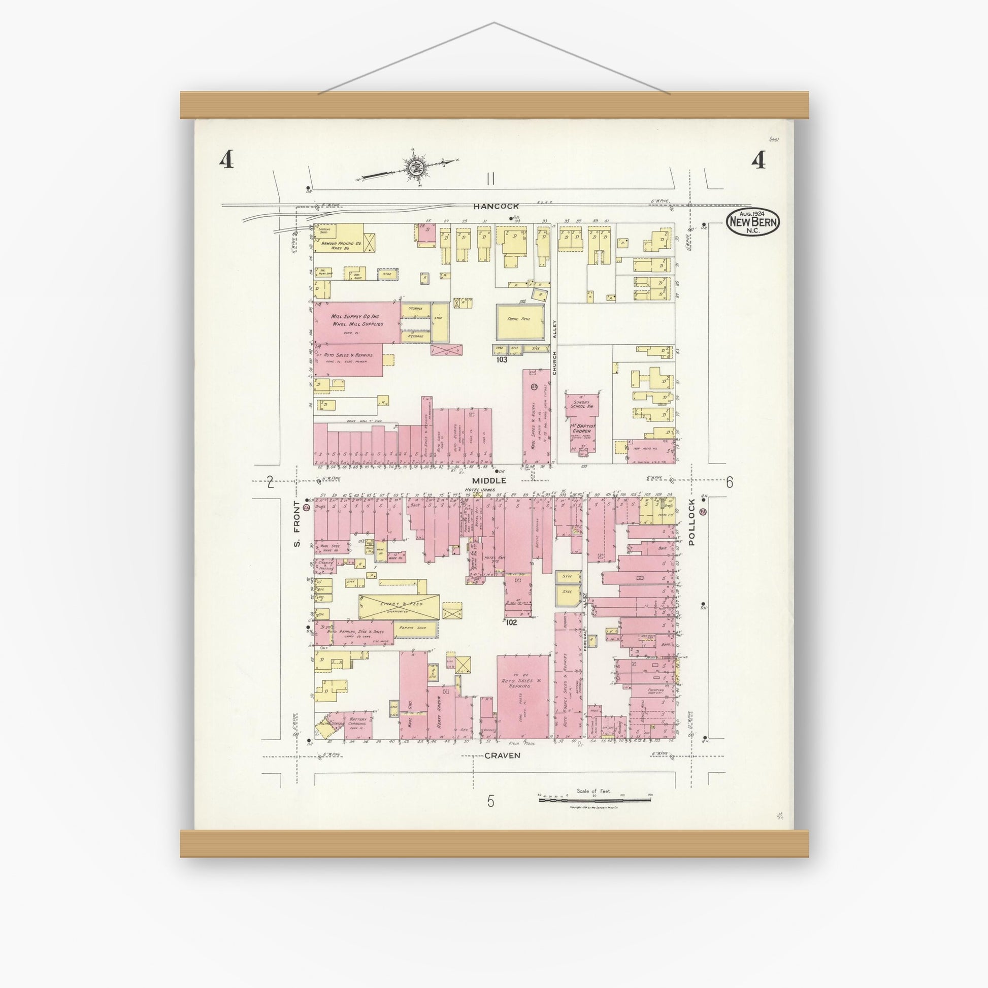 Old map wall art mockup — magnetic wood frame on white wall — Sanborn Fire Insurance Map from New Bern, Craven County, North Carolina (1924), Sheet #0004