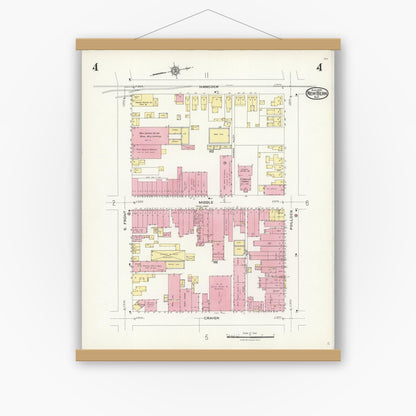 Old map wall art mockup — magnetic wood frame on white wall — Sanborn Fire Insurance Map from New Bern, Craven County, North Carolina (1924), Sheet #0004