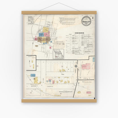 Old map wall art mockup — magnetic wood frame on white wall — Sanborn Fire Insurance Map from Pierce City, Lawrence County, Missouri (1936) - Complete Map Set