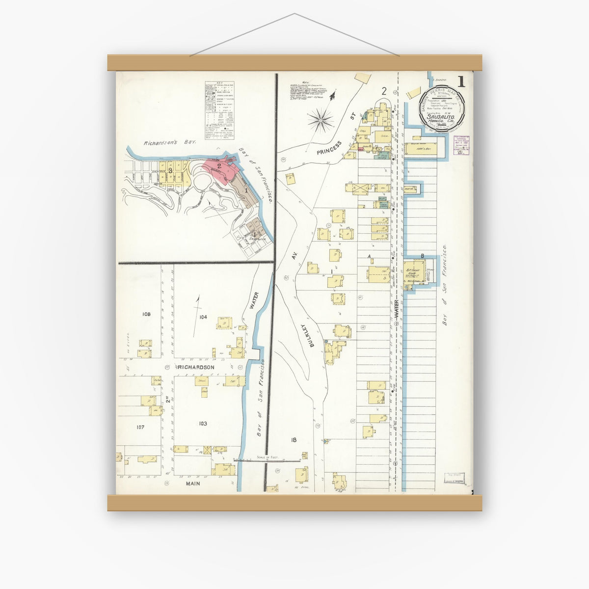 Old map wall art mockup — magnetic wood frame on white wall — Sanborn Fire Insurance Map from Sausalito, Marin County, California (1901) - Complete Map Set