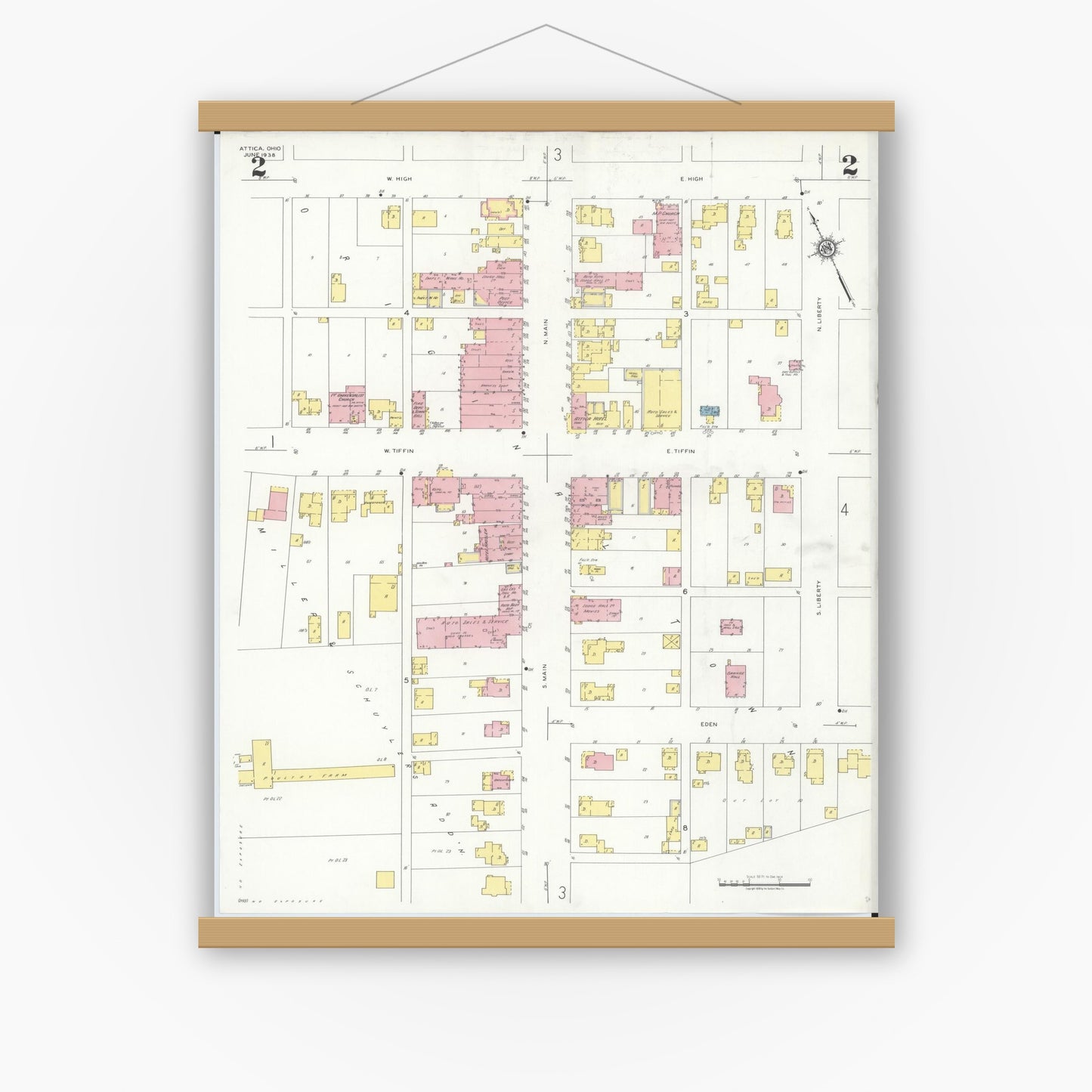Old map wall art mockup — magnetic wood frame on white wall — Sanborn Fire Insurance Map from Attica, Seneca County, Ohio (1938), Sheet #0002