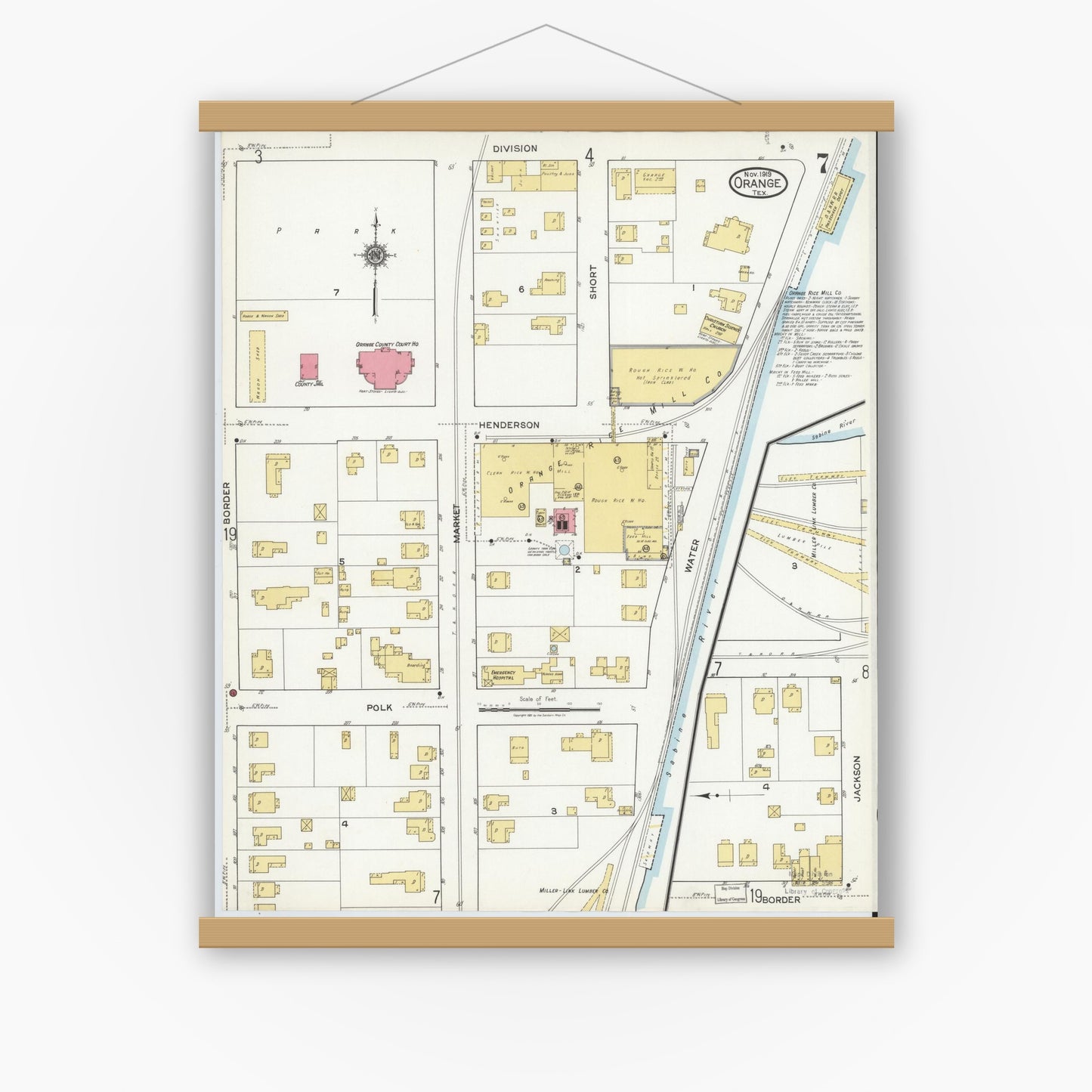 Old map wall art mockup — magnetic wood frame on white wall — Sanborn Fire Insurance Map from Orange, Orange County, Texas (1919), Sheet #0007