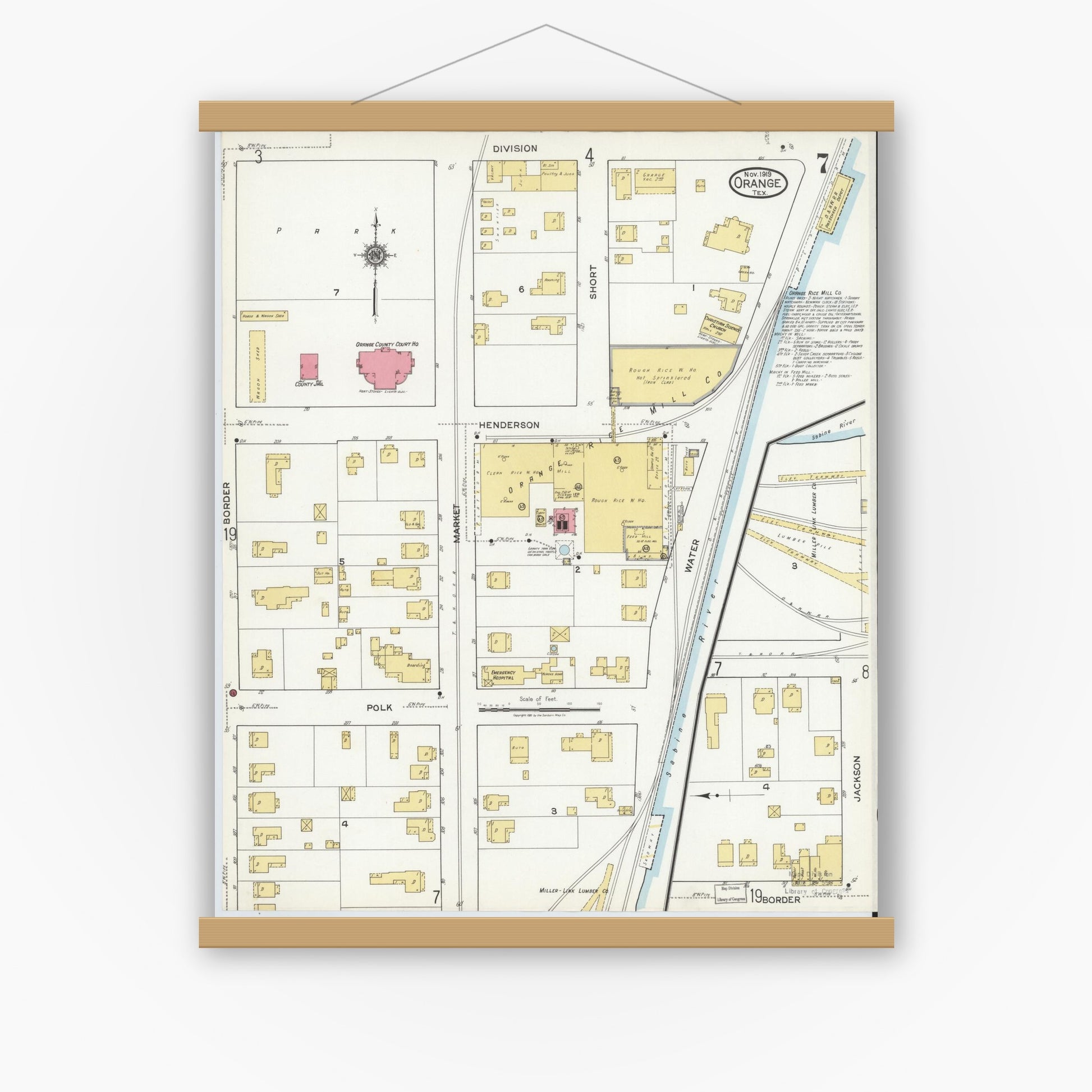 Old map wall art mockup — magnetic wood frame on white wall — Sanborn Fire Insurance Map from Orange, Orange County, Texas (1919), Sheet #0007