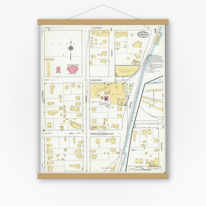 Old map wall art mockup — magnetic wood frame on white wall — Sanborn Fire Insurance Map from Orange, Orange County, Texas (1919), Sheet #0007