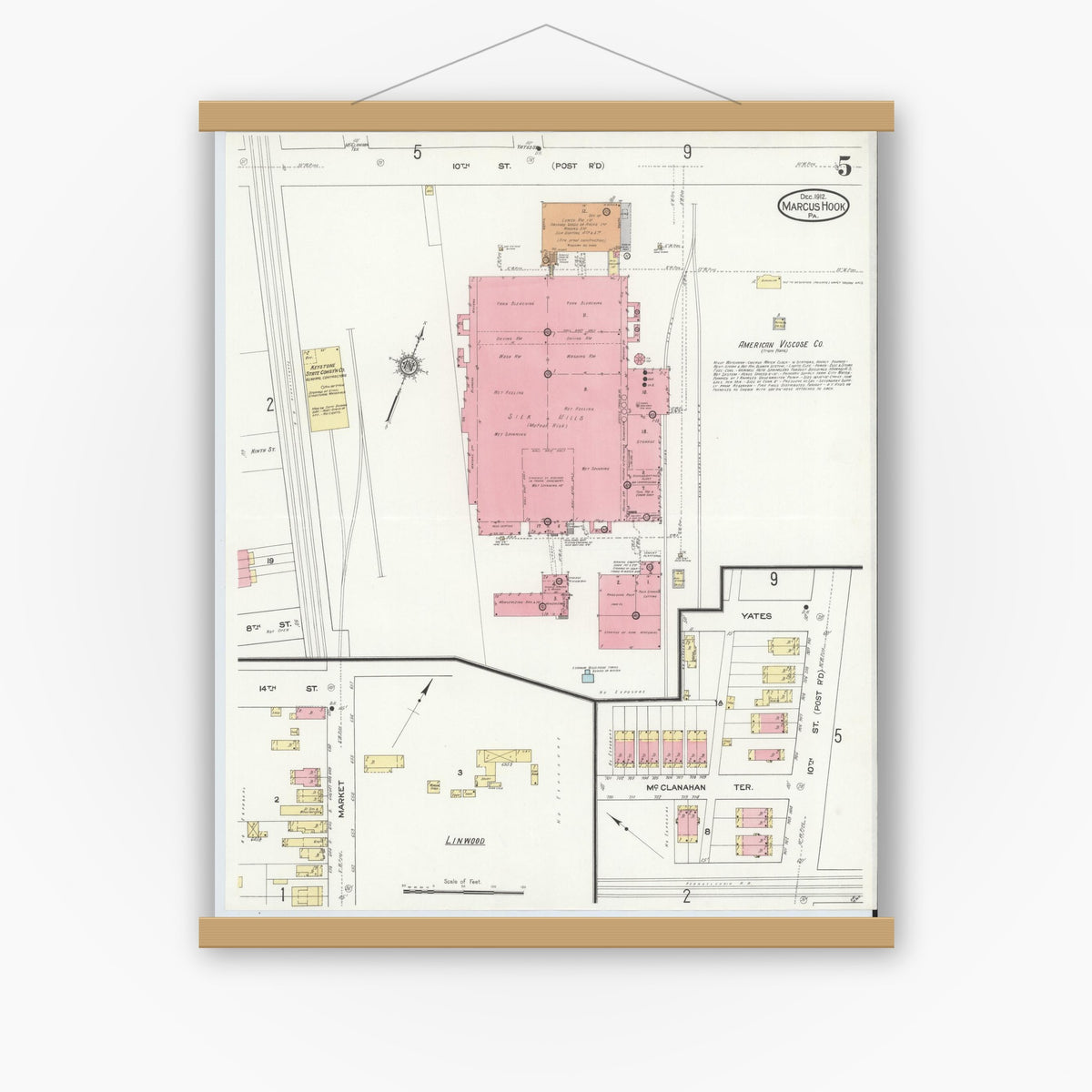 Old map wall art mockup — magnetic wood frame on white wall — Sanborn Fire Insurance Map from Marcus Hook, Chester County, Pennsylvania (1912), Sheet #0005