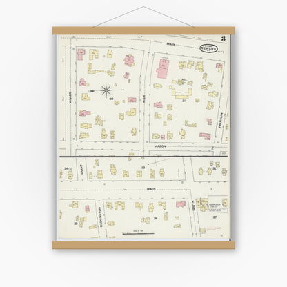 Old map wall art mockup — magnetic wood frame on white wall — Sanborn Fire Insurance Map from Newark, Wayne County, New York (1890), Sheet #0003