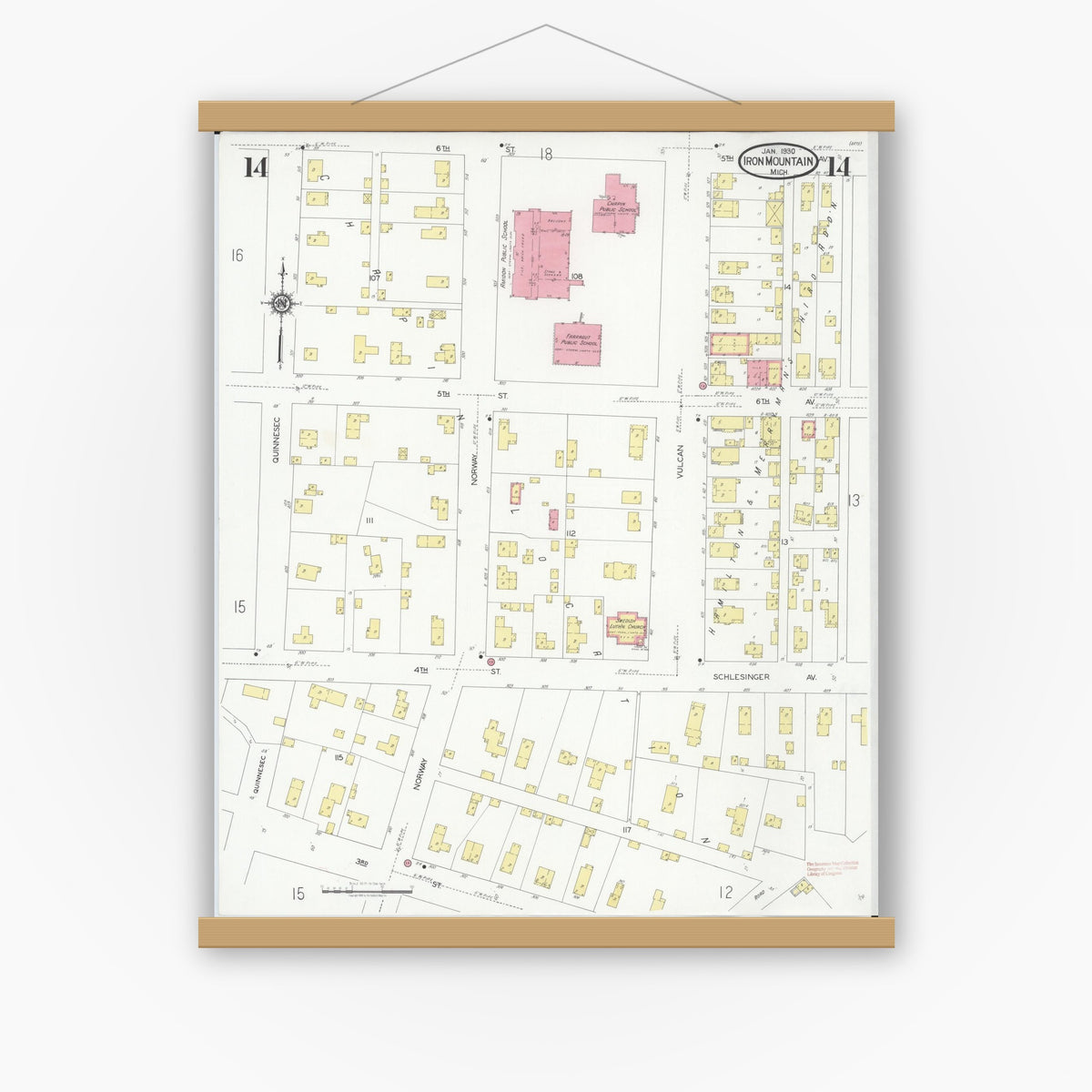 Old map wall art mockup — magnetic wood frame on white wall — Sanborn Fire Insurance Map from Iron Mountain, Dickinson County, Michigan (1930), Sheet #0014