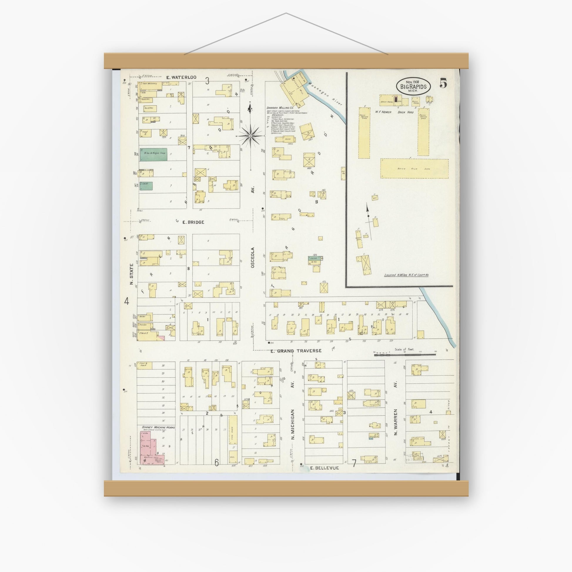 Old map wall art mockup — magnetic wood frame on white wall — Sanborn Fire Insurance Map from Big Rapids, Mecosta County, Michigan (1908), Sheet #0005