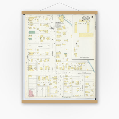 Old map wall art mockup — magnetic wood frame on white wall — Sanborn Fire Insurance Map from Big Rapids, Mecosta County, Michigan (1908), Sheet #0005