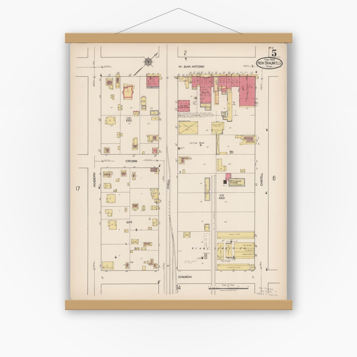 Old map wall art mockup — magnetic wood frame on white wall — Sanborn Fire Insurance Map from New Braunfels, Comal County, Texas (1922), Sheet #0005