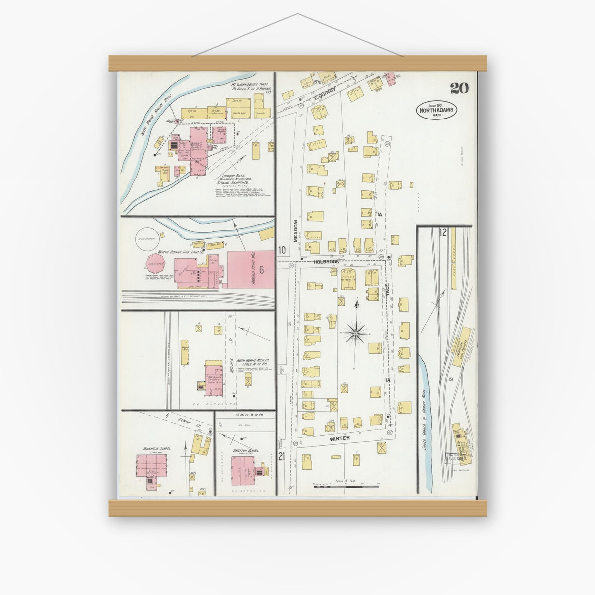 Old map wall art mockup — magnetic wood frame on white wall — Sanborn Fire Insurance Map from North Adams, Berkshire County, Massachusetts (1901), Sheet #0020