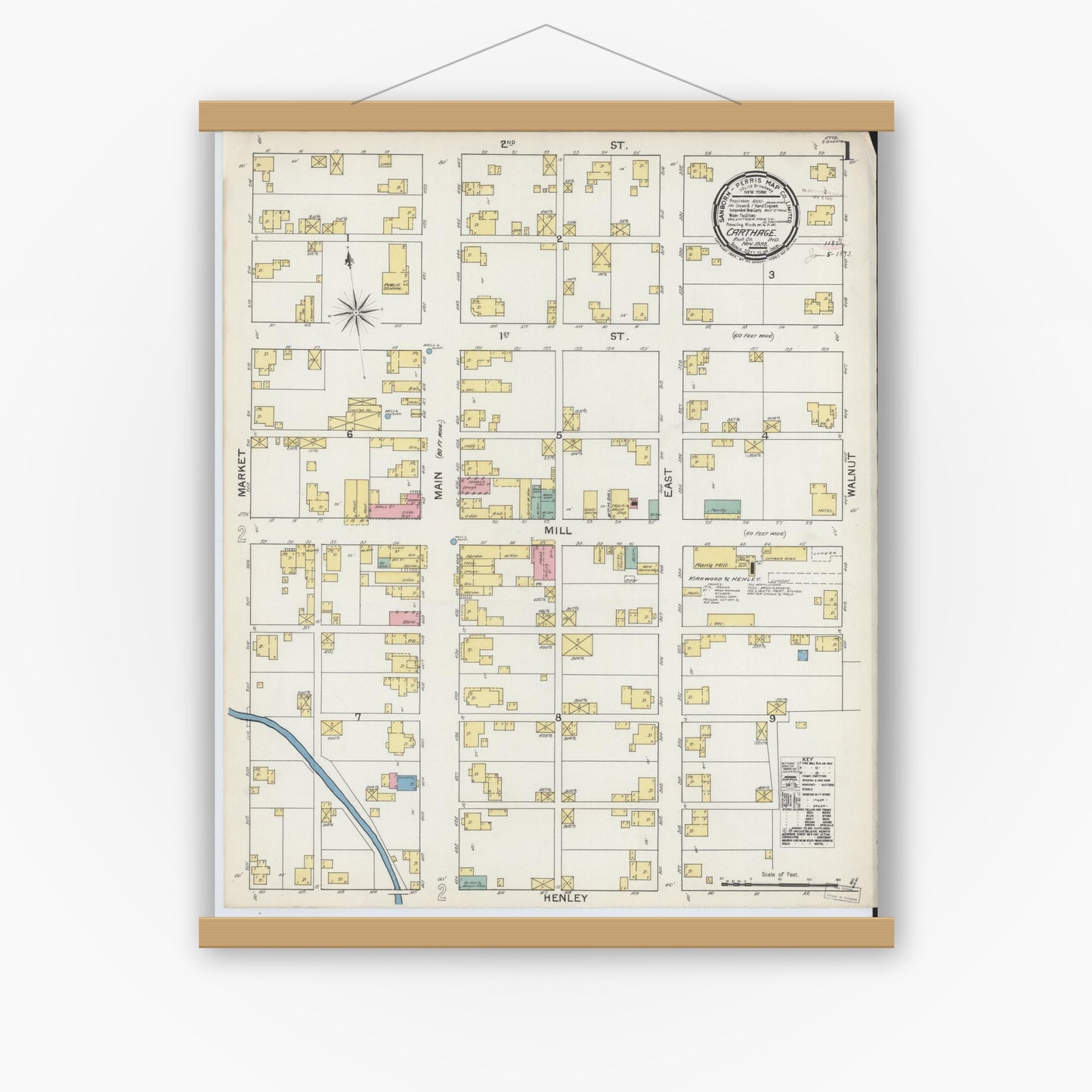 Old map wall art mockup — magnetic wood frame on white wall — Sanborn Fire Insurance Map from Carthage, Rush County, Indiana (1892), Sheet #0001