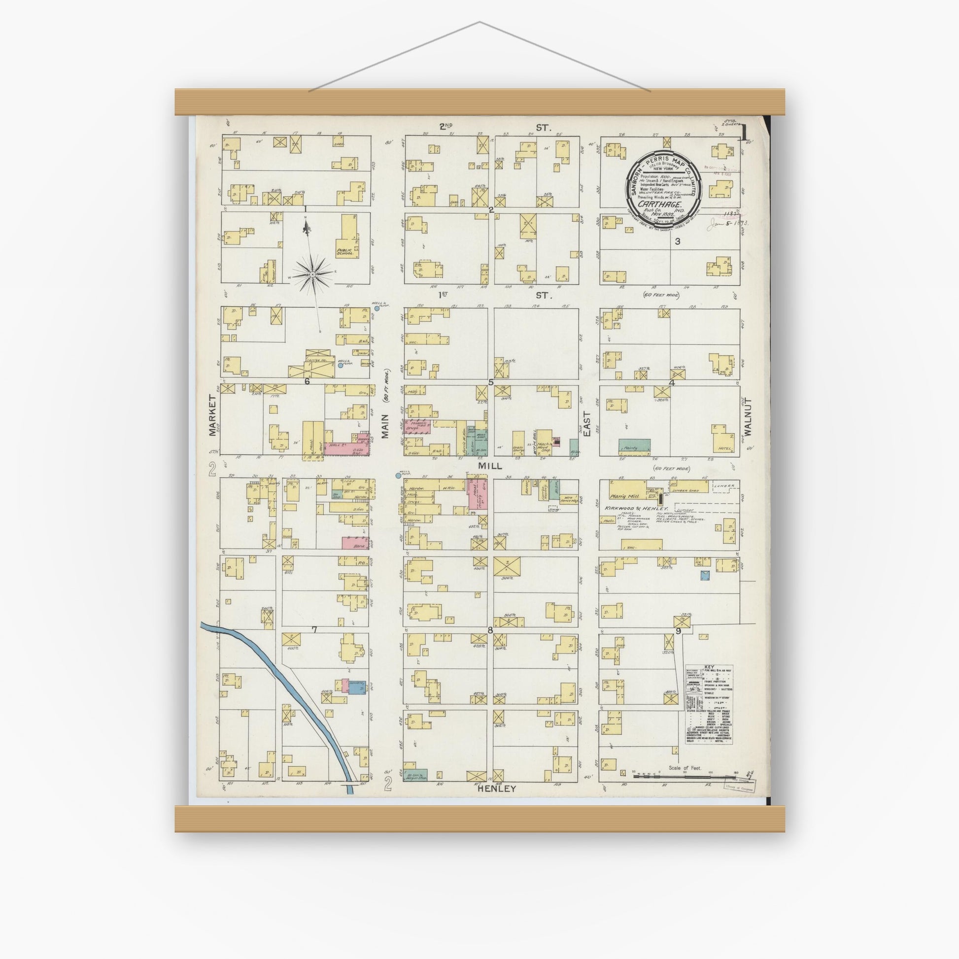 Old map wall art mockup — magnetic wood frame on white wall — Sanborn Fire Insurance Map from Carthage, Rush County, Indiana (1892), Sheet #0001