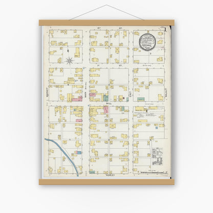 Old map wall art mockup — magnetic wood frame on white wall — Sanborn Fire Insurance Map from Carthage, Rush County, Indiana (1892), Sheet #0001