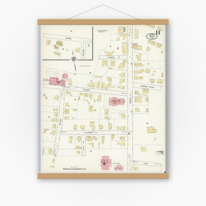 Old map wall art mockup — magnetic wood frame on white wall — Sanborn Fire Insurance Map from Ware, Hampshire County, Massachusetts (1912), Sheet #0011