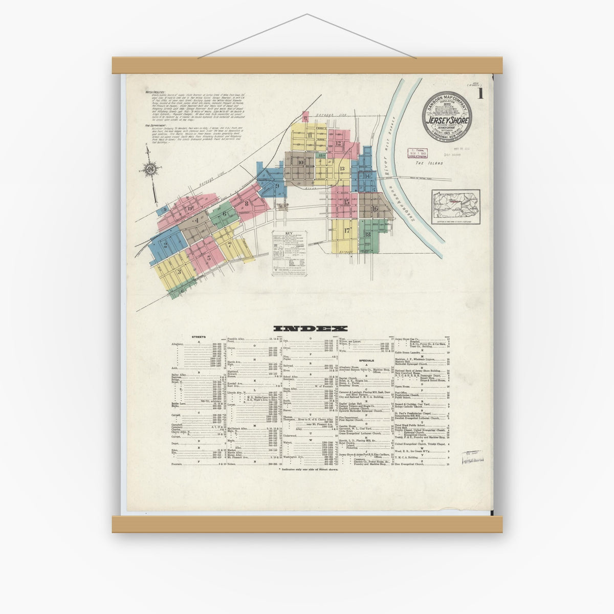 Old map wall art mockup — magnetic wood frame on white wall — Sanborn Fire Insurance Map from Jersey Shore, Lycoming County, Pennsylvania (1913), Sheet #0001