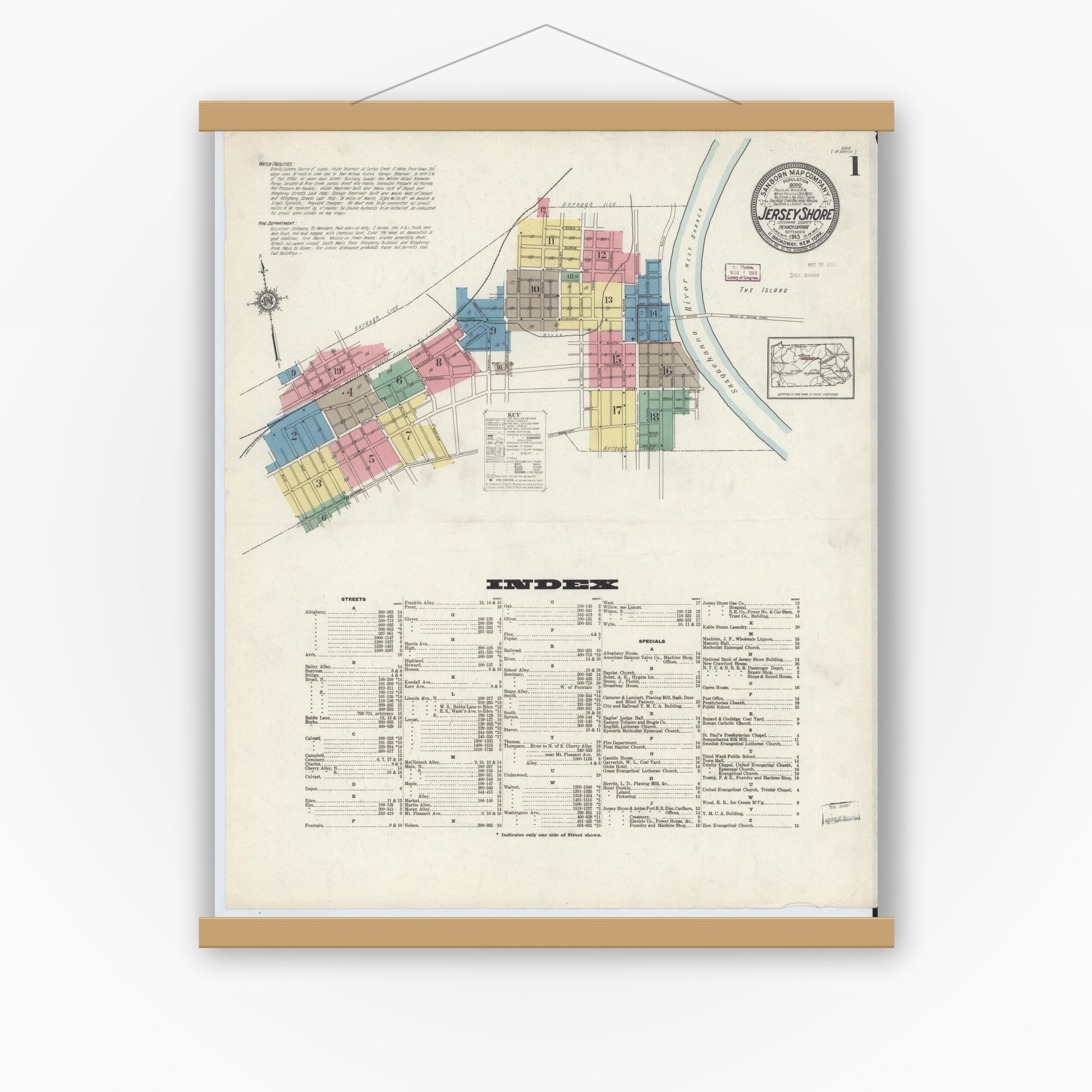 Old map wall art mockup — magnetic wood frame on white wall — Sanborn Fire Insurance Map from Jersey Shore, Lycoming County, Pennsylvania (1913), Sheet #0001