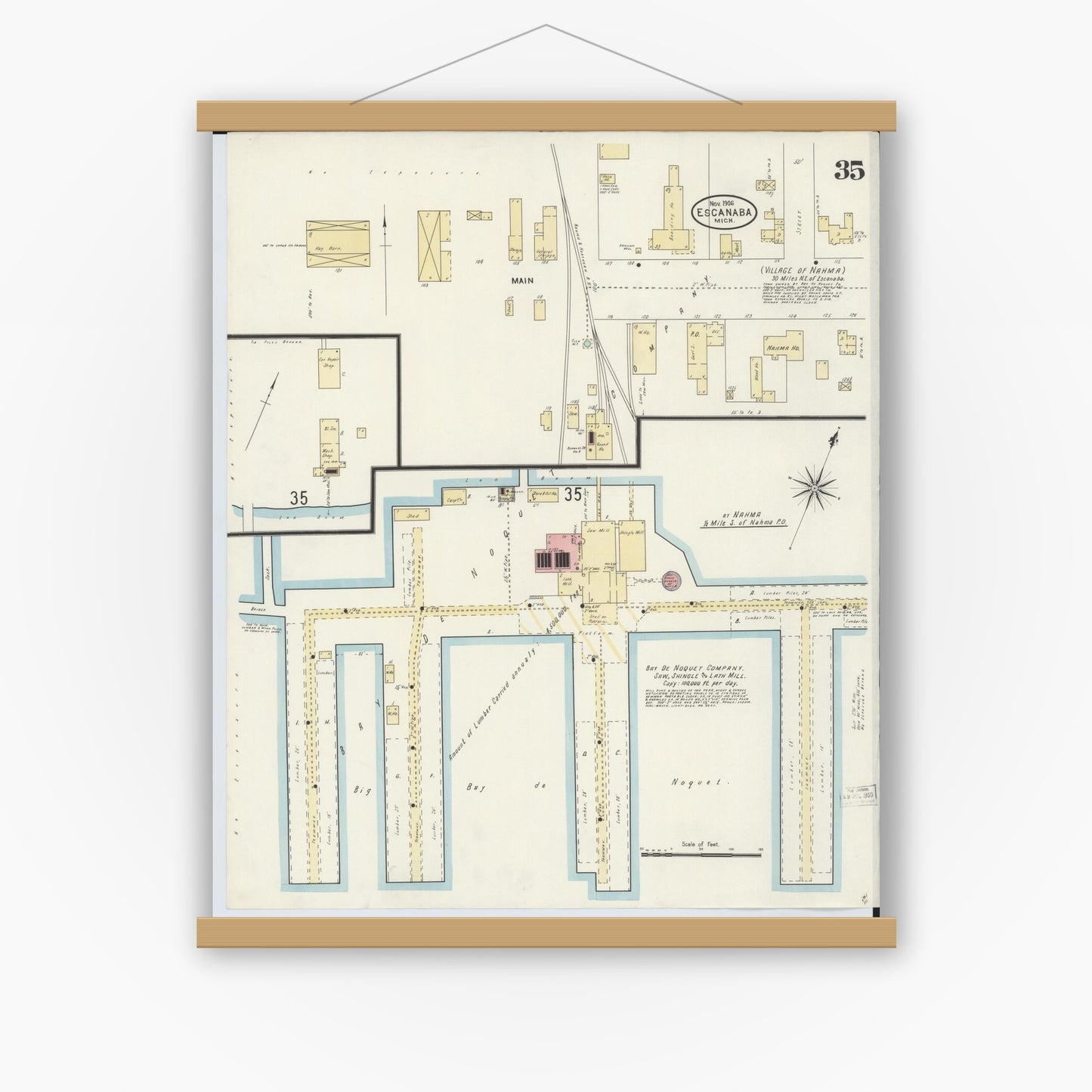 Old map wall art mockup — magnetic wood frame on white wall — Sanborn Fire Insurance Map from Escanaba, Delta County, Michigan (1906), Sheet #0035