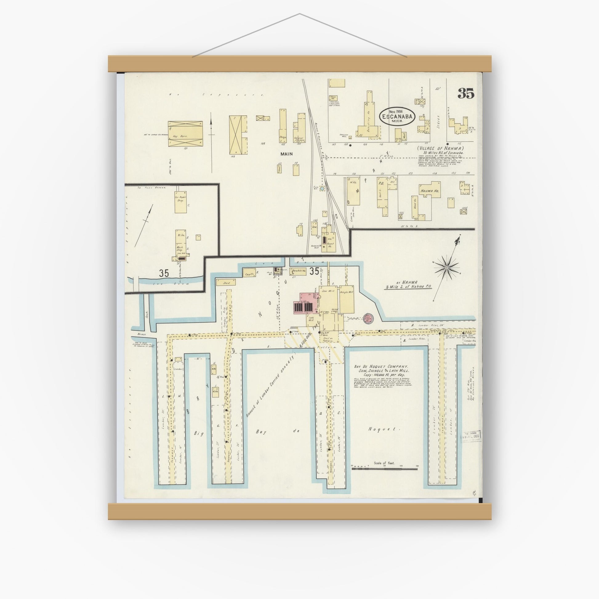 Old map wall art mockup — magnetic wood frame on white wall — Sanborn Fire Insurance Map from Escanaba, Delta County, Michigan (1906), Sheet #0035