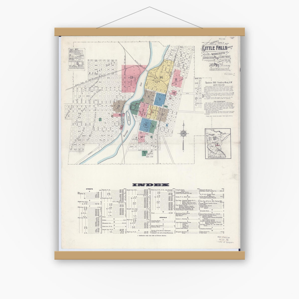 Old map wall art mockup — magnetic wood frame on white wall — Sanborn Fire Insurance Map from Little Falls, Morrison County, Minnesota (1915) - Complete Map Set