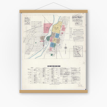Old map wall art mockup — magnetic wood frame on white wall — Sanborn Fire Insurance Map from Little Falls, Morrison County, Minnesota (1915) - Complete Map Set