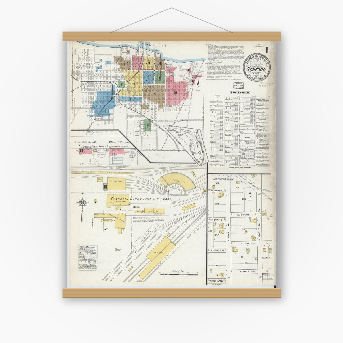 Old map wall art mockup — magnetic wood frame on white wall — Sanborn Fire Insurance Map from Sanford, Seminole County, Florida (1917), Sheet #0001
