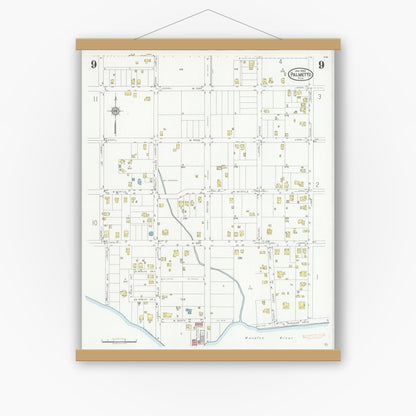 Old map wall art mockup — magnetic wood frame on white wall — Sanborn Fire Insurance Map from Palmetto, Manatee County, Florida (1930), Sheet #0009
