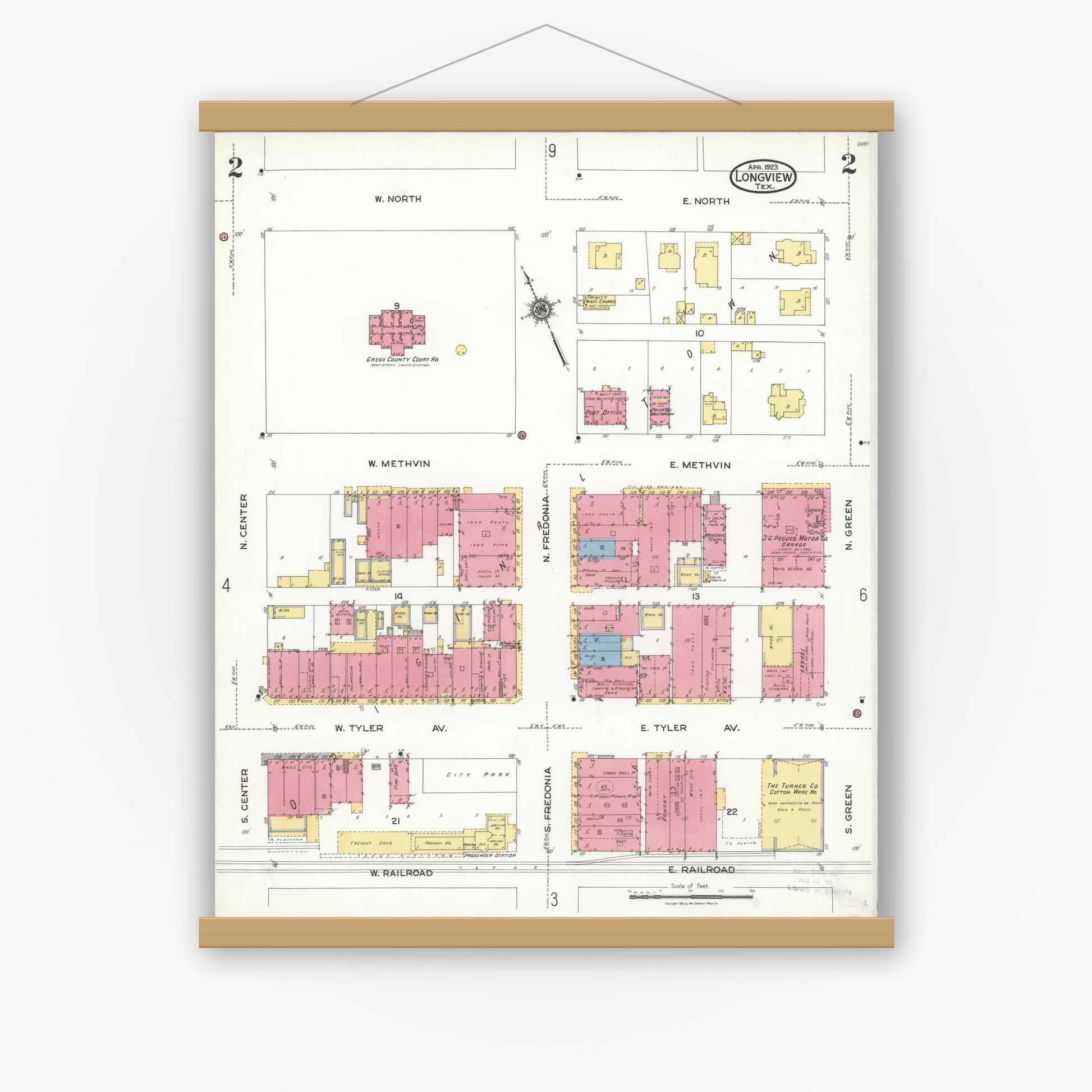 Old map wall art mockup — magnetic wood frame on white wall — Sanborn Fire Insurance Map from Longview, Gregg County, Texas (1923), Sheet #0002