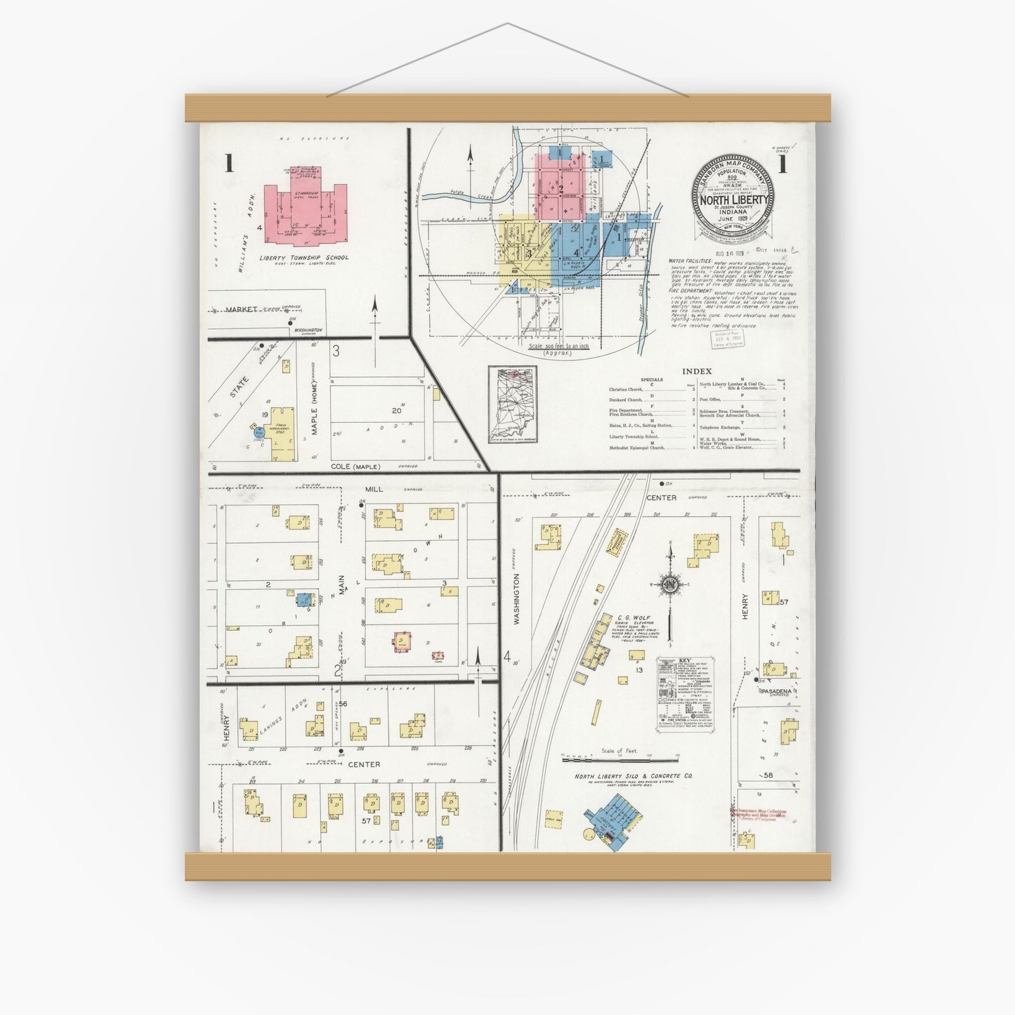 Old map wall art mockup — magnetic wood frame on white wall — Sanborn Fire Insurance Map from North Liberty, Saint Joseph County, Indiana (1929) - Complete Map Set