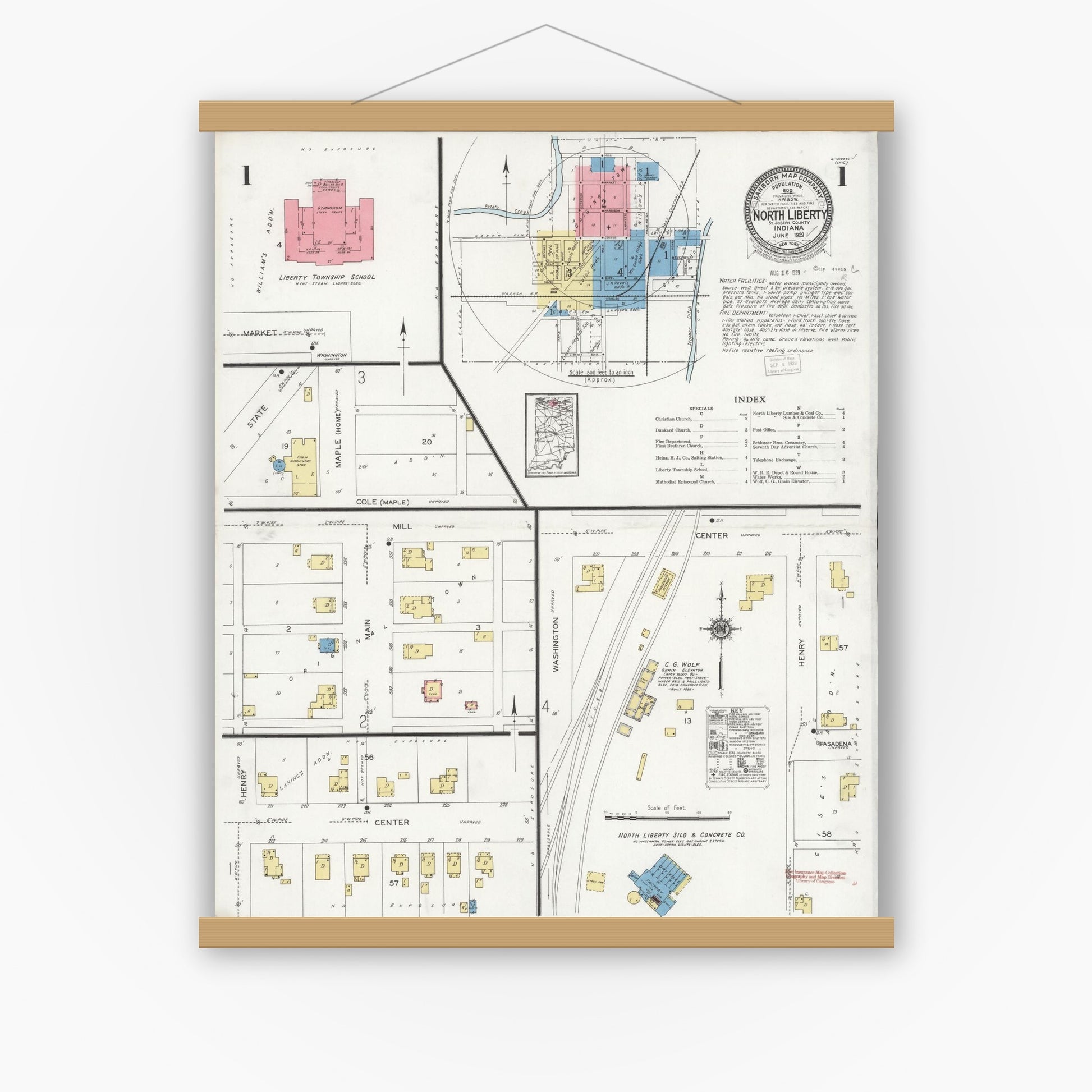 Old map wall art mockup — magnetic wood frame on white wall — Sanborn Fire Insurance Map from North Liberty, Saint Joseph County, Indiana (1929) - Complete Map Set