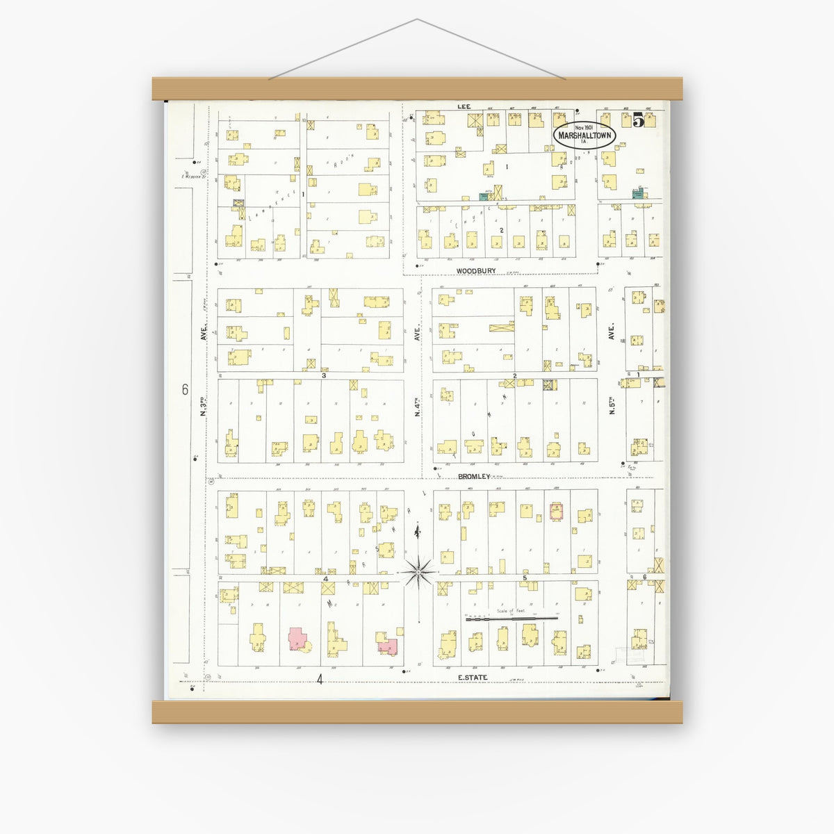 Old map wall art mockup — magnetic wood frame on white wall — Sanborn Fire Insurance Map from Marshalltown, Marshall County, Iowa (1901), Sheet #0005