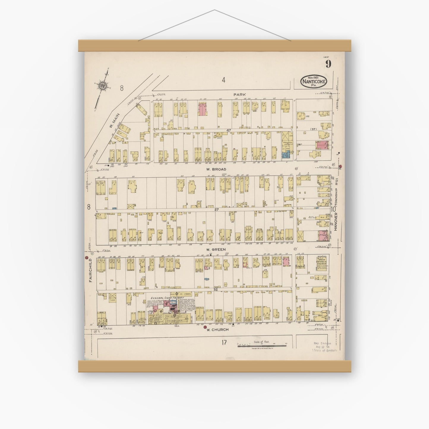 Old map wall art mockup — magnetic wood frame on white wall — Sanborn Fire Insurance Map from Nanticoke, Luzerne County, Pennsylvania (1920), Sheet #0009