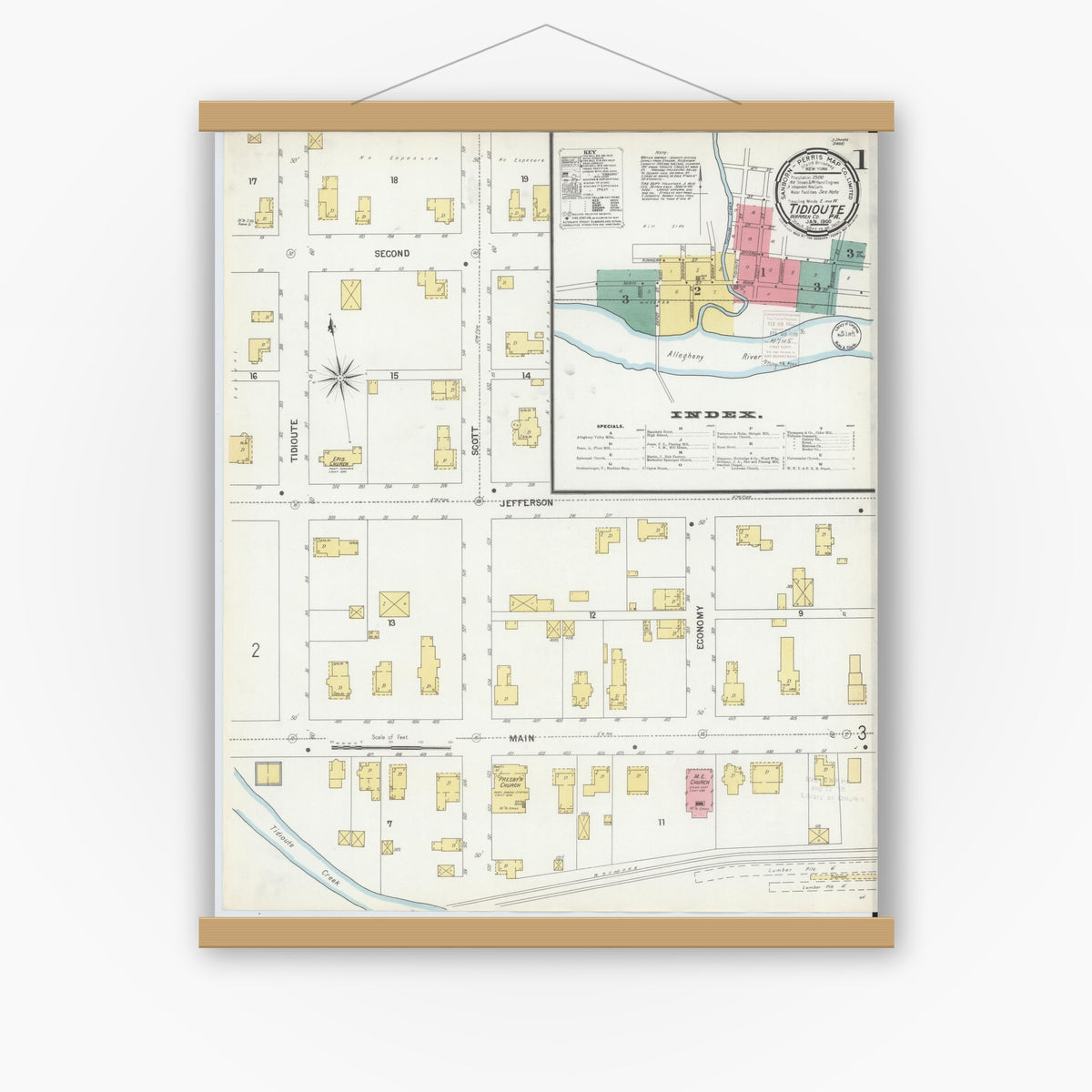 Old map wall art mockup — magnetic wood frame on white wall — Sanborn Fire Insurance Map from Tidioute, Warren County, Pennsylvania (1900) - Complete Map Set