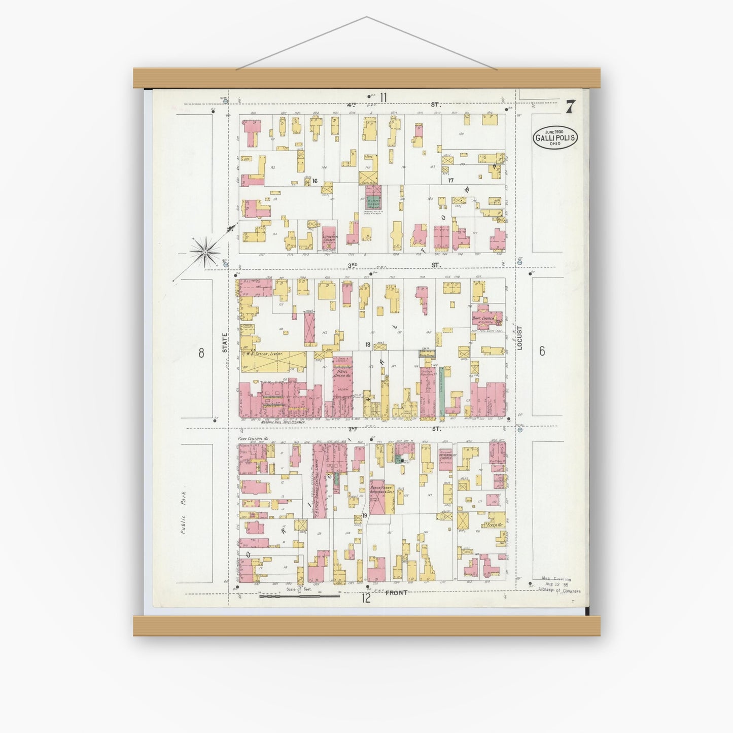 Old map wall art mockup — magnetic wood frame on white wall — Sanborn Fire Insurance Map from Gallipolis, Gallia County, Ohio (1900), Sheet #0007