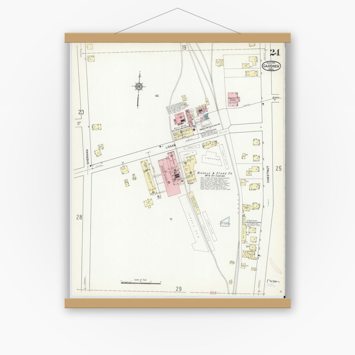 Old map wall art mockup — magnetic wood frame on white wall — Sanborn Fire Insurance Map from Gardner, Worcester County, Massachusetts (1914), Sheet #0024