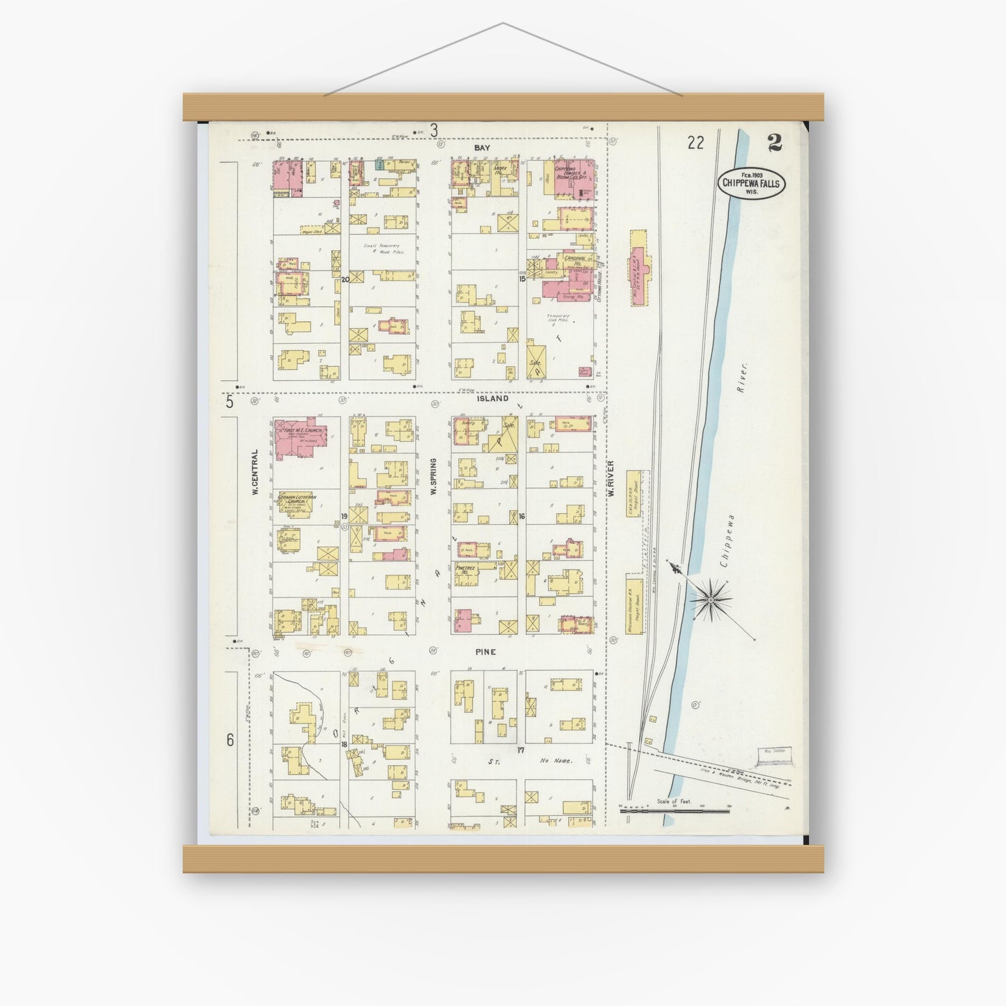 Old map wall art mockup — magnetic wood frame on white wall — Sanborn Fire Insurance Map from Chippewa Falls, Chippewa County, Wisconsin (1903), Sheet #0002