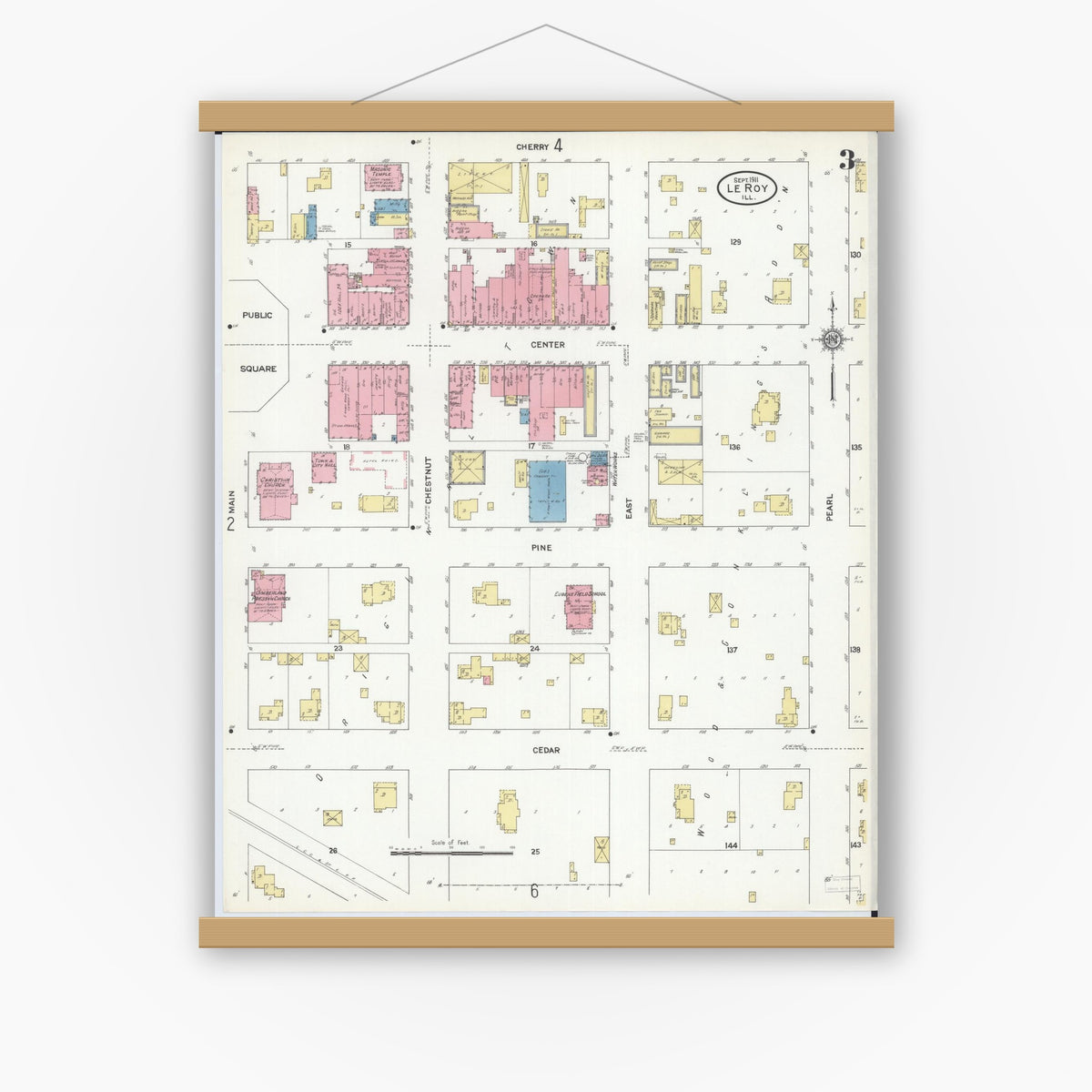 Old map wall art mockup — magnetic wood frame on white wall — Sanborn Fire Insurance Map from Leroy, McLean County, Illinois (1911), Sheet #0003