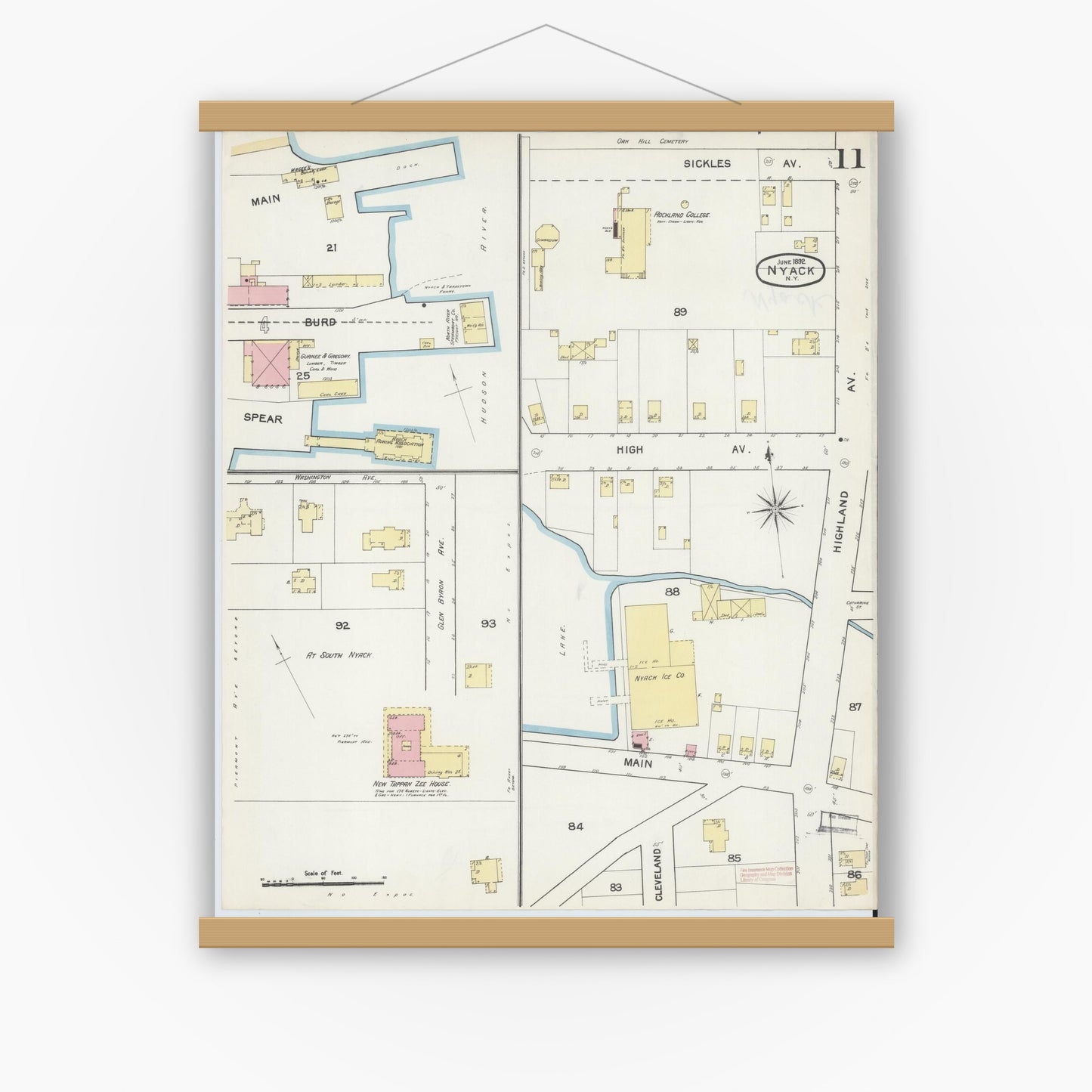 Old map wall art mockup — magnetic wood frame on white wall — Sanborn Fire Insurance Map from Nyack, Rockland County, New York. (1892), Sheet #0011