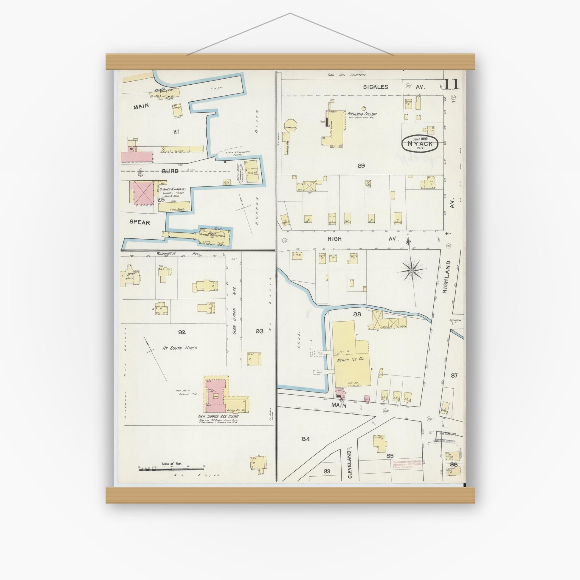 Old map wall art mockup — magnetic wood frame on white wall — Sanborn Fire Insurance Map from Nyack, Rockland County, New York. (1892), Sheet #0011
