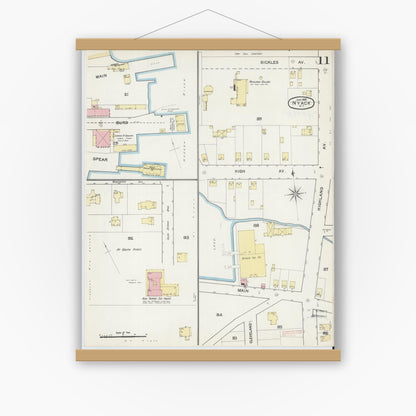 Old map wall art mockup — magnetic wood frame on white wall — Sanborn Fire Insurance Map from Nyack, Rockland County, New York. (1892), Sheet #0011