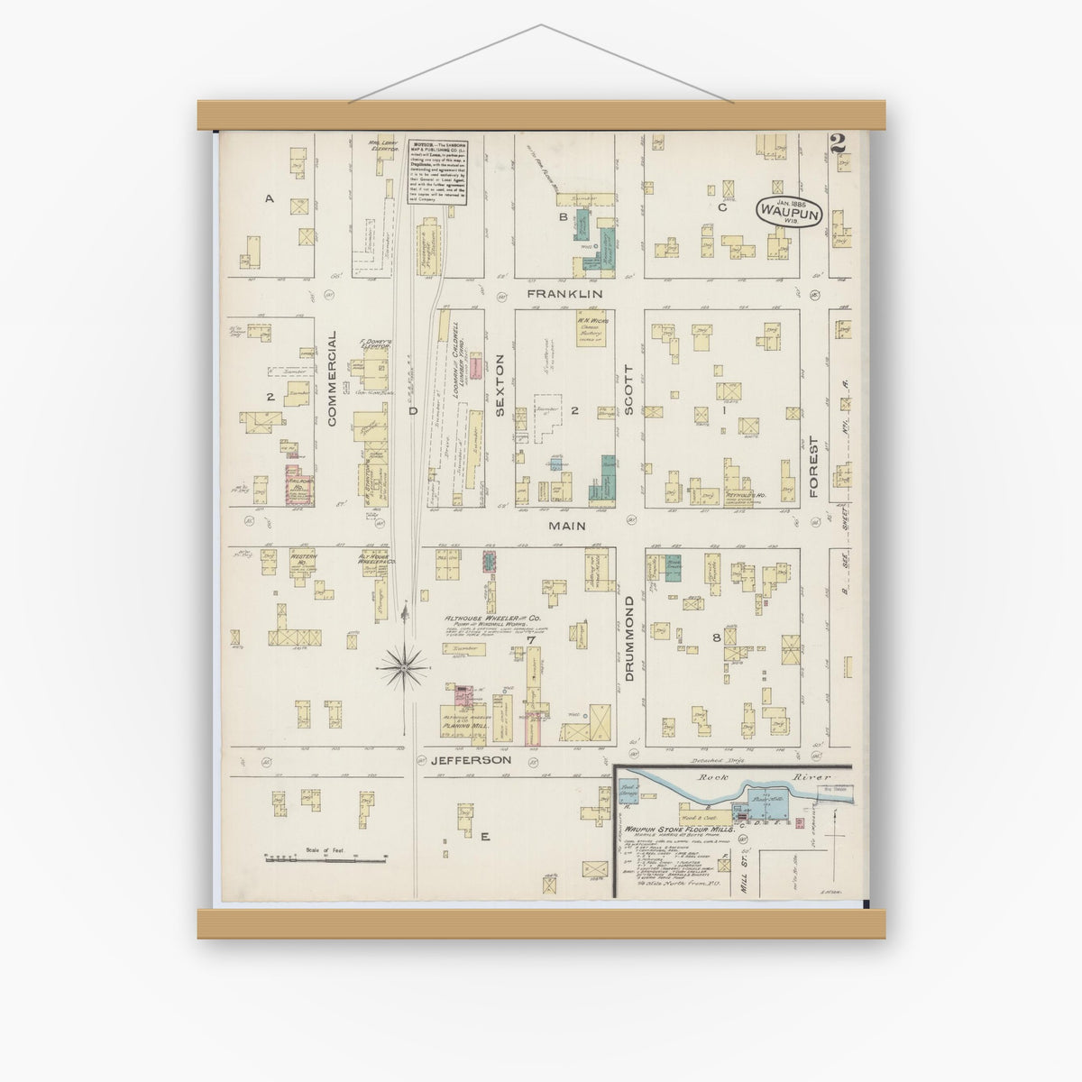 Old map wall art mockup — magnetic wood frame on white wall — Sanborn Fire Insurance Map from Waupun, Dodge and Fond du Lac Counties, Wisconsin (1885), Sheet #0002