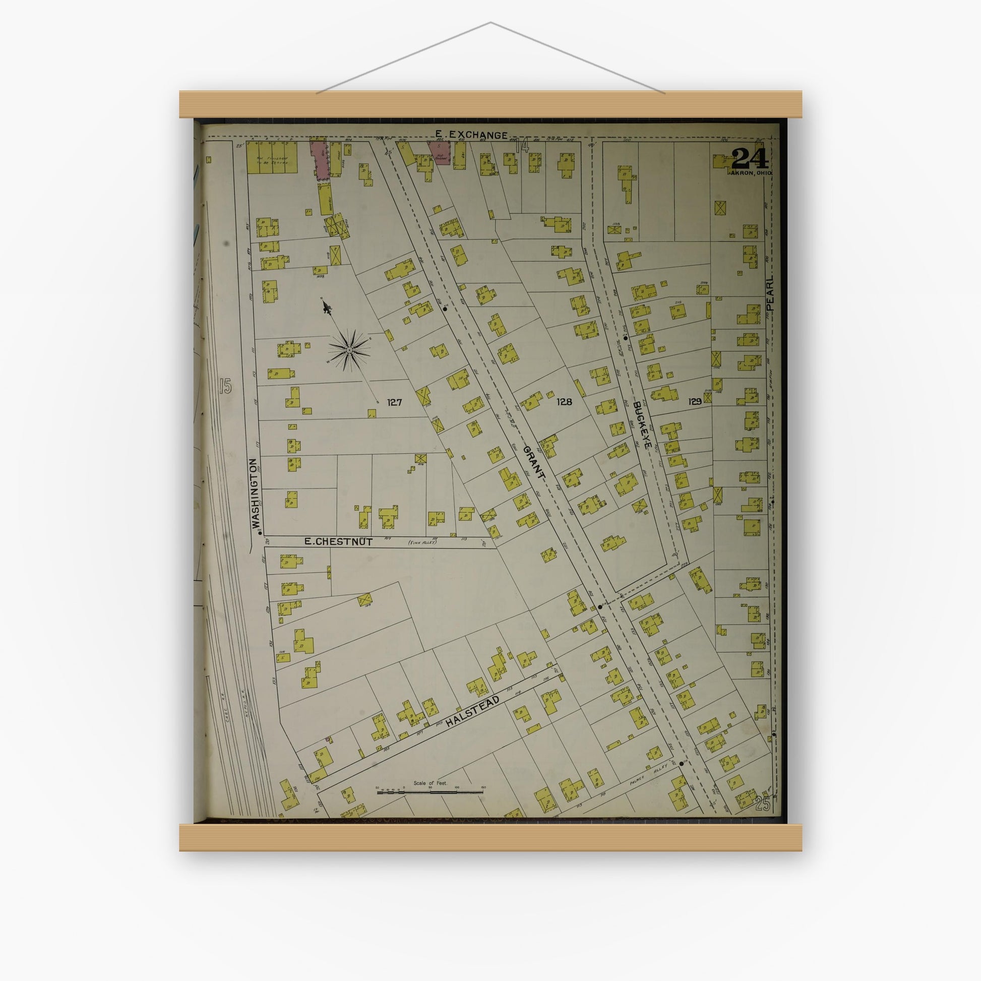 Old map wall art mockup — magnetic wood frame on white wall — Sanborn Fire Insurance Map from Akron, Summit County, Ohio (1892), Sheet #0024