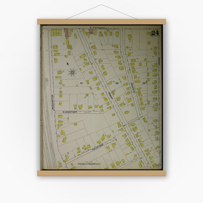 Old map wall art mockup — magnetic wood frame on white wall — Sanborn Fire Insurance Map from Akron, Summit County, Ohio (1892), Sheet #0024